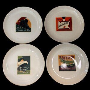 Set Of 4 Pottery Barn Travel Series Dessert Plates 7.5” Diameter Art Deco